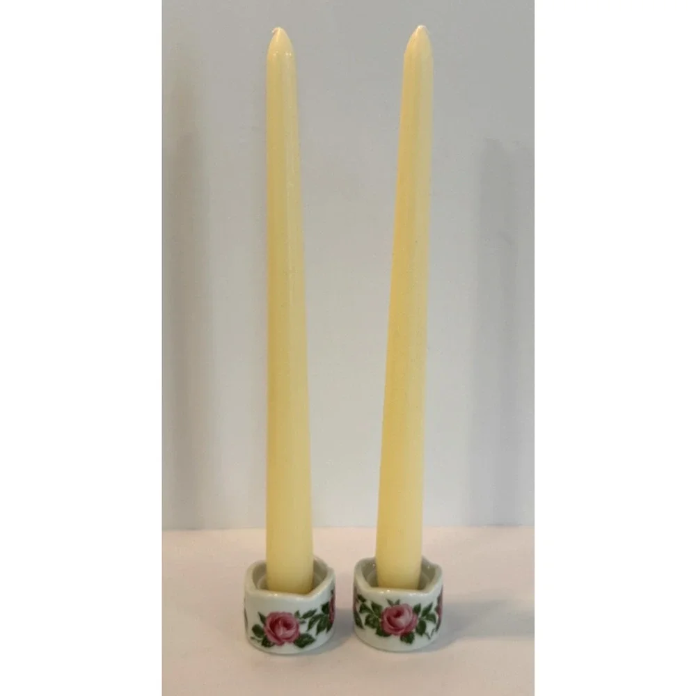 VTG W Germany Floral Taper Candle Holders Pair Cottagecore Pink Roses Ceramic